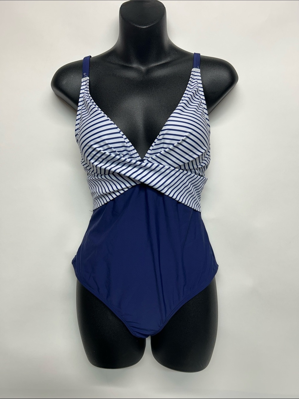 Navy & White Striped women’s size small One-Piece Swimsuit b2prity